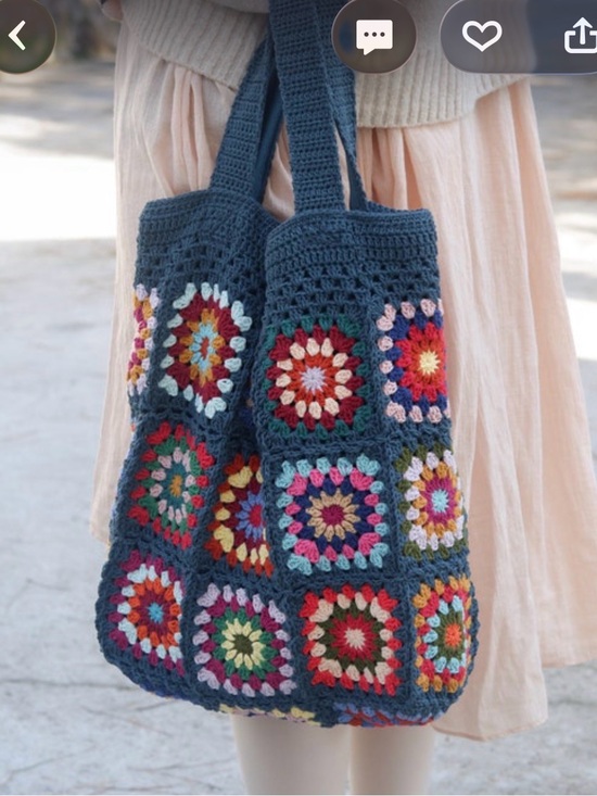 Handbags - Crocheted Granny Square Tote Bag in Navy with Multicolor Accents